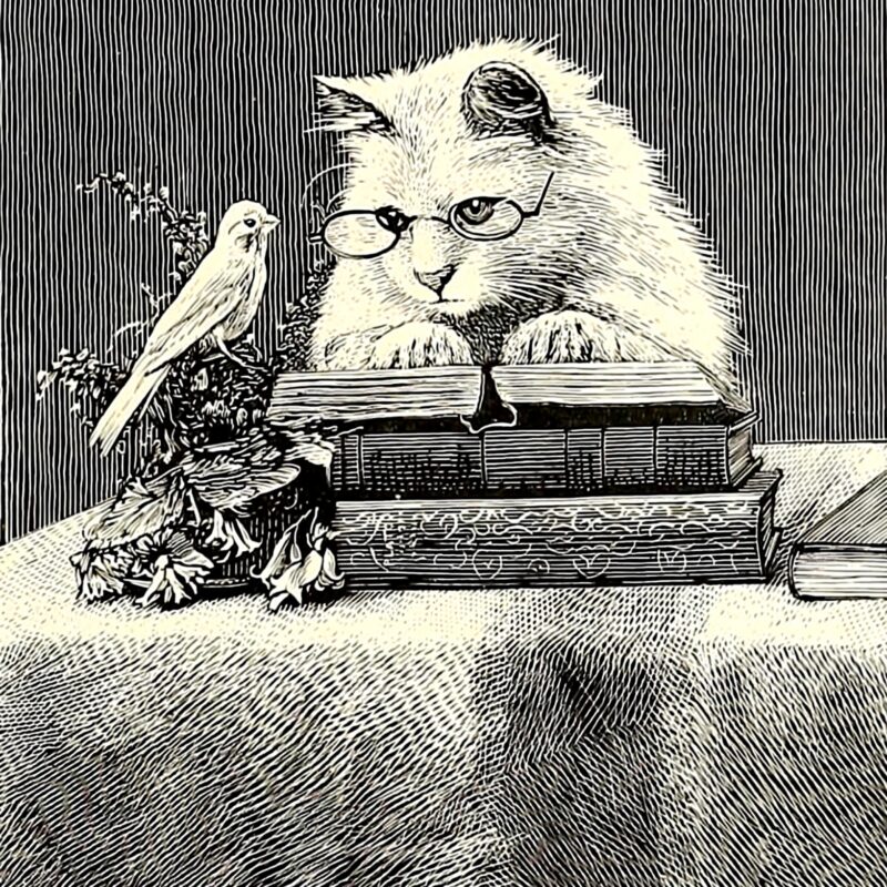 Cat wearing glasses and reading a book. A bird is perched on a branch next to the books on the table.